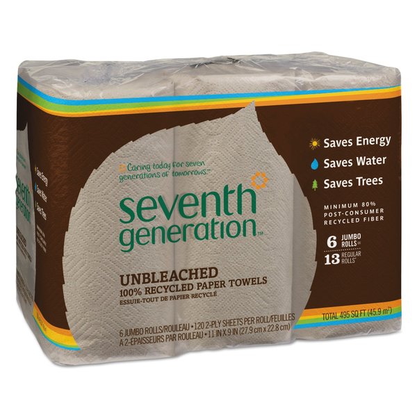 Seventh Generation Perforated Roll Paper Towels, 2 Ply, 120 Sheets, 9", Brown, 6 PK SEV 13737